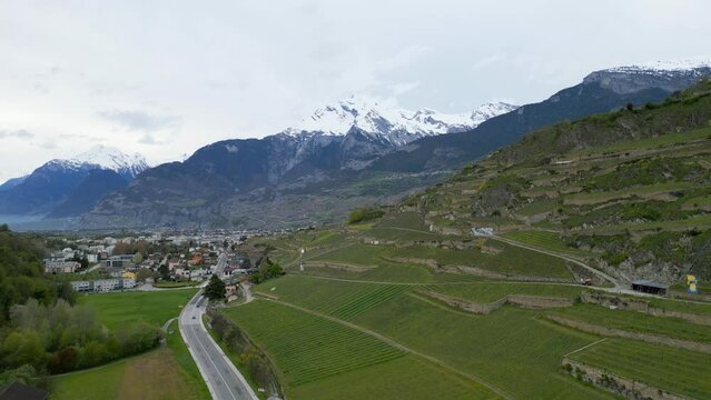 Vineyards in Valais, Switzerland - aerial view by drone