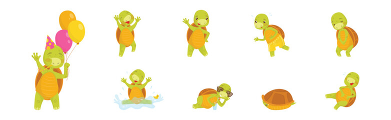 Funny Turtle or Tortoise with Shell Engaged in Different Activities Vector Set