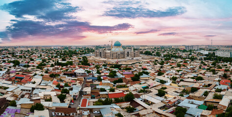 Aerial Panorama view of the Chorsu market in Tashkent, Uzbekistan