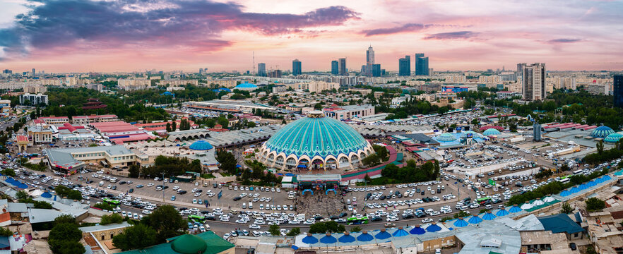 Aerial Panorama view of the Chorsu market in Tashkent, Uzbekistan