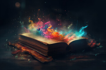 A magical book with open pages emits colorful, enchanted dust that ignites the imagination, stimulates curiosity, and inspires adventure - the embodiment of the joy of reading. Generative AI, AI.