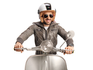 Man with a helmet in a leather jacket riding a scooter