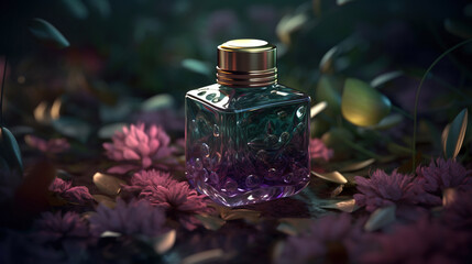 Obraz na płótnie Canvas bottle of perfume with flower. Generative Ai