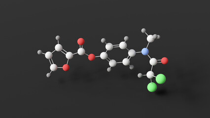 diloxanide molecule, molecular structure, furamide, ball and stick 3d model, structural chemical formula with colored atoms