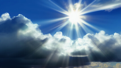 A bright sun in the sky among white clouds. Sunlight in the blue sky. Generated by AI. International Sun Day.