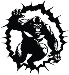 Gorilla Breaking Through A Wall Logo Monochrome Design Style
