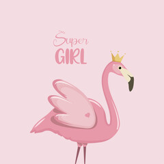 Obraz premium Pink flamingo with crown, super girl. Exotic tropical bird. Zoo animal collection. Cute cartoon character. Decoration element. Flat design