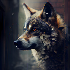 Portrait of a wolf with broken glass. 3D rendering.