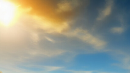 Obraz premium Yellow sun in the evening cloudy sky. Sunlight in the evening. Generated by AI. International Sun Day.