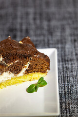 Delicious homemade dark chocolate cake on a plate with mint