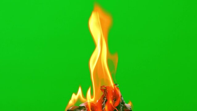 fire flame burning paper on green screen background
