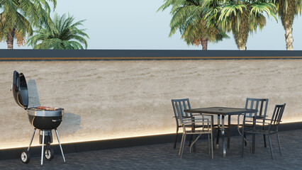 Weekend in the backyard with a barbecue. Grill bbq with food and a table with chairs. Summer evening, palm trees and travertine fence. Mockup mood  patio outdoor party. 3d rendering