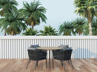 Terrace with outdoor furniture - chair and round table. Palm trees. Exotic backyard garden. Sunny day on the veranda patio. Nice lounge area - rest space. 3d rendering 