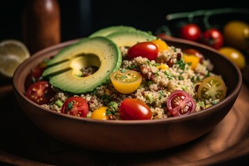 quinoa salad with sliced avocados and cherry tomatoes on top