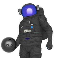 astronaut is holding a bowling ball