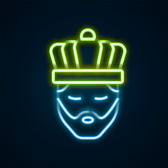 Glowing neon line King with crown icon isolated on black background. Colorful outline concept. Vector