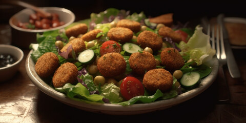 Fototapeta na wymiar Plate with green salad with falafel. Generative AI.
