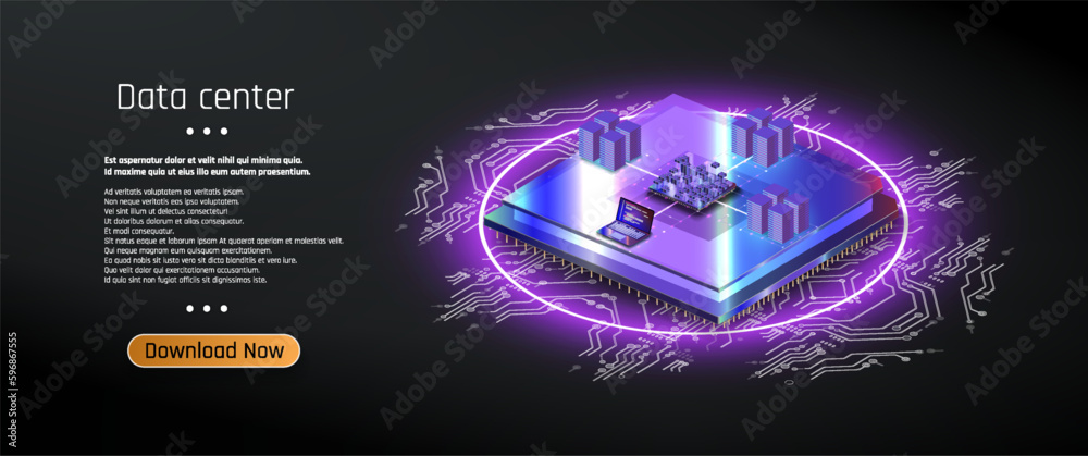 Poster futuristic microchip processor with lights on the blue background. quantum computer, computer proces