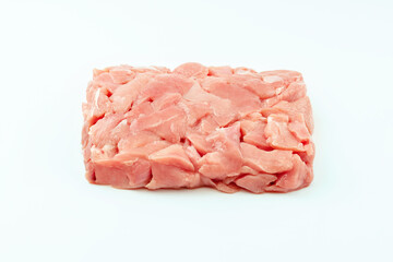 frozen turkey or poultry meat.Fresh frozen pieces of turkey meat on a white background.Raw chicken.Frozen chicken fillet..Ogranic food and healthy eating.