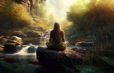 Obraz premium Woman Sitting on Stone and Meditating in Green Nature. AI generative. Buddhism, Zen concept.