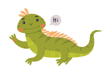 Funny Green Iguana Character with Scales Saying Hi Waving Paw Vector Illustration