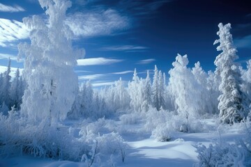 winter wonderland forest with snow covered trees. Generative AI