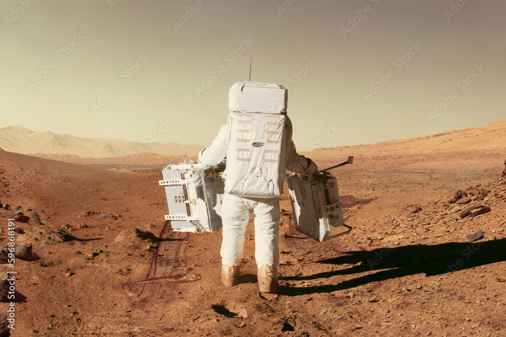 Poster spaceman astronaut in a space suit with equipment goes through the desert with stones and mountains 