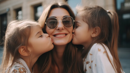 Joyful Mother with Kids kissing her on the cheeks, Loving Family Outdoor Portrait, Happiness and Laughter, Close-Up Shot