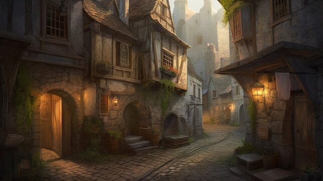 Illustration of medieval city created with Generative AI technology.