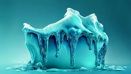 Fotobehang Melting polar ice melting on a pastel blue background. global warming, Green house effect, climate change, icemelting, Generative AI, illustration © Nitiphonphat