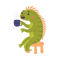 Funny Green Iguana Character with Scales Sitting on Stool Drinking Hot Tea with Mug Vector Illustration