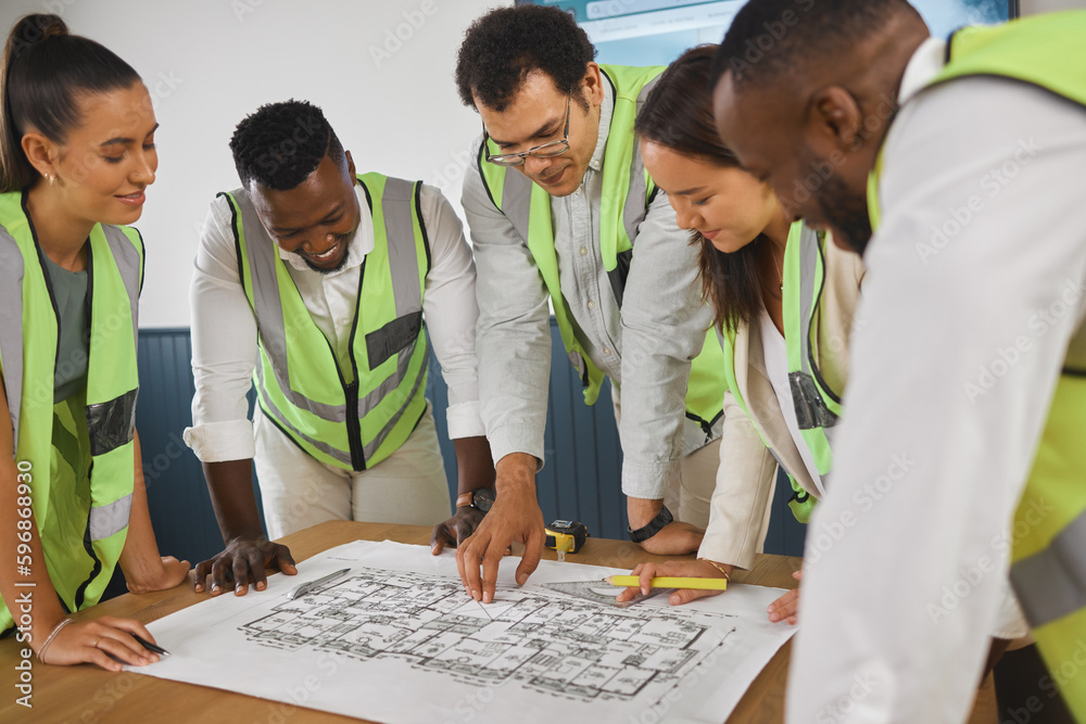 Poster Closeup of a happy diverse multiracial group of architect colleagues analyzing a blueprint design on a building and discussing plans for the next project. Team of young and senior designers working on
