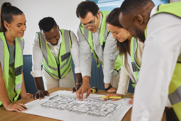 Closeup of a happy diverse multiracial group of architect colleagues analyzing a blueprint design on a building and discussing plans for the next project. Team of young and senior designers working on