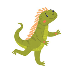 Funny Green Iguana Character with Scales Running Vector Illustration