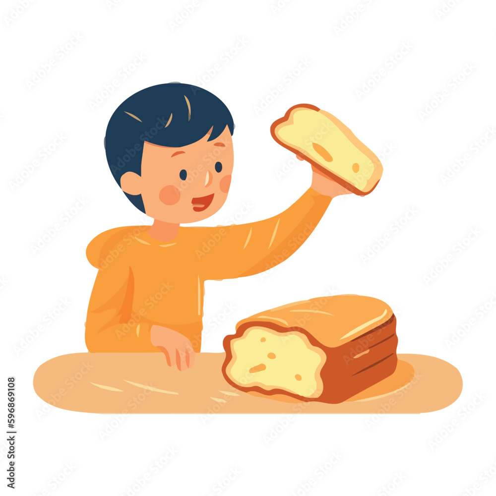 Sticker Cute cartoon child smiling while eating bread