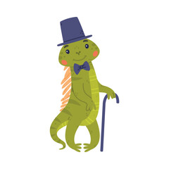 Funny Green Iguana Character with Scales in Top Hat with Cane and Bow Tie Vector Illustration