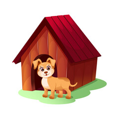 A cheerful cartoon dog near doghouse