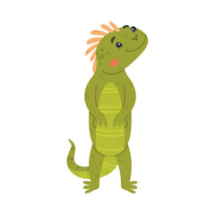 Funny Green Iguana Character with Scales Standing and Smiling Vector Illustration