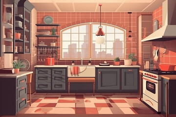 illustration of a contemporary kitchen for cooking and eating
