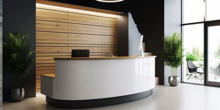 Company reception desk, space indoor photography. Reception desk in the hall of the office.