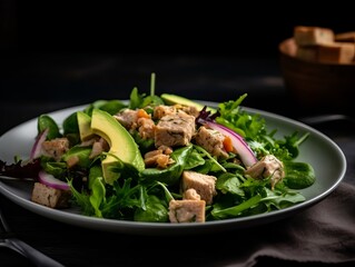 tuna salad with mixed greens, avocado, and croutons on a plate