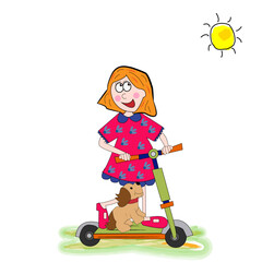 Niña feliz con su perro conduciendo un patinete.