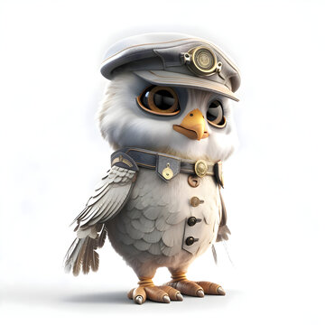 Cute bird in police uniform isolated on white background. 3D illustration.