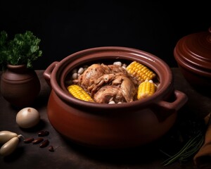 flavorful chicken stew with corn and beans in a clay pot