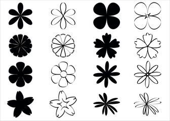 vector set of black flower icons with and without fill on white background