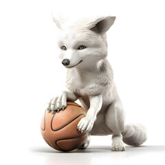 Fototapeta na wymiar Cute little white fox with basketball isolated on white background. Studio shot.