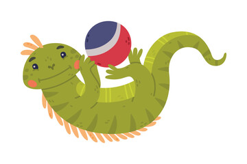 Funny Green Iguana Character with Scales Rolling on Its Back Playing Ball Vector Illustration