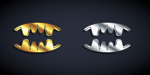 Gold and silver Vampire teeth icon isolated on black background. Happy Halloween party. Long shadow style. Vector