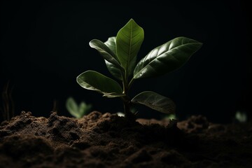 A dark background with a green plant sprouting from dirt and leaves on top, against a black background. Generative AI