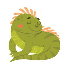 Funny Green Iguana Character with Scales Sitting Vector Illustration